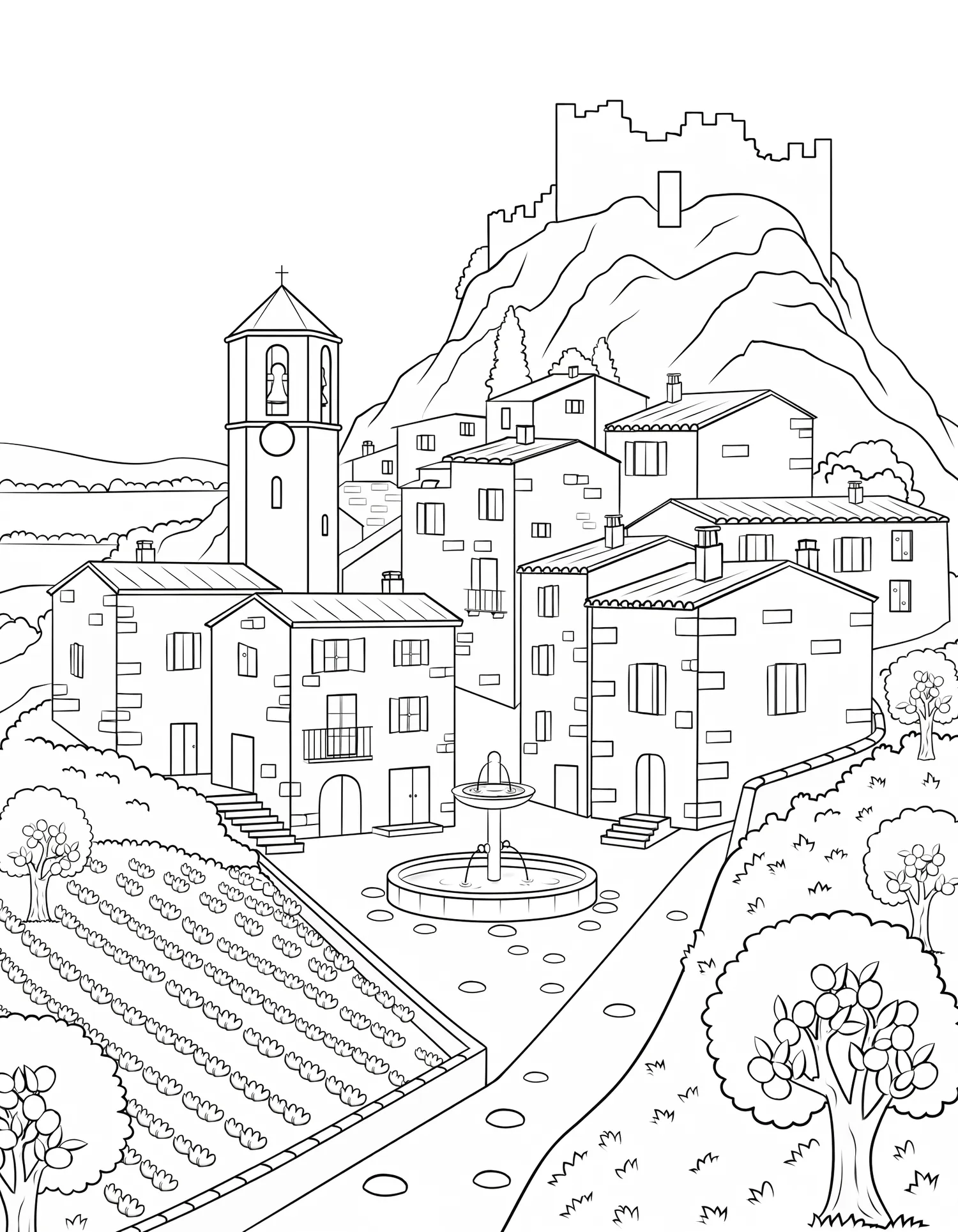 Village Médiéval Perché sur Colline — Coloriage paysage à imprimer gratuitement
